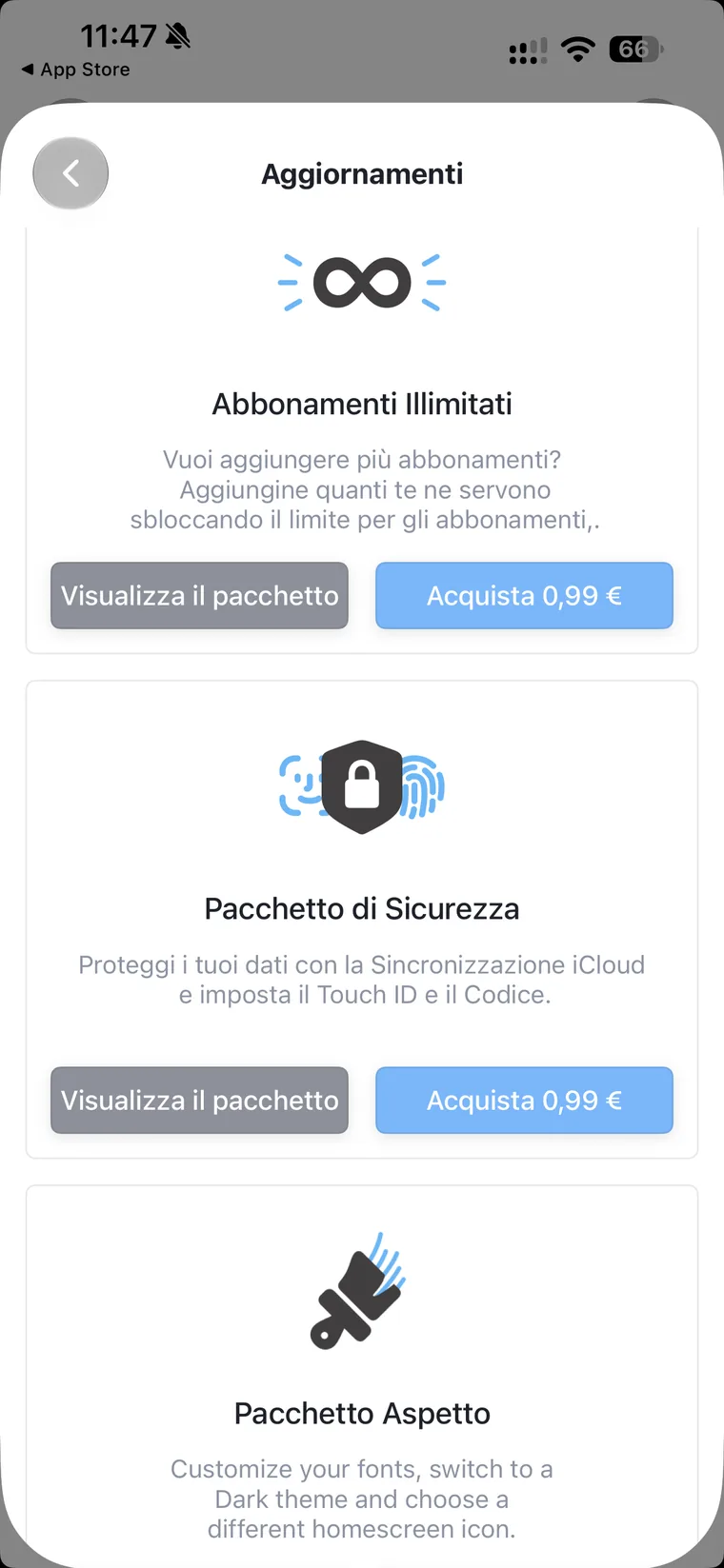 Schermata Aggiornamenti di Bobby con Abbonamenti Illimitati, Pacchetto di Sicurezza e Pacchetto Aspetto, ognuno a 0,99 euro