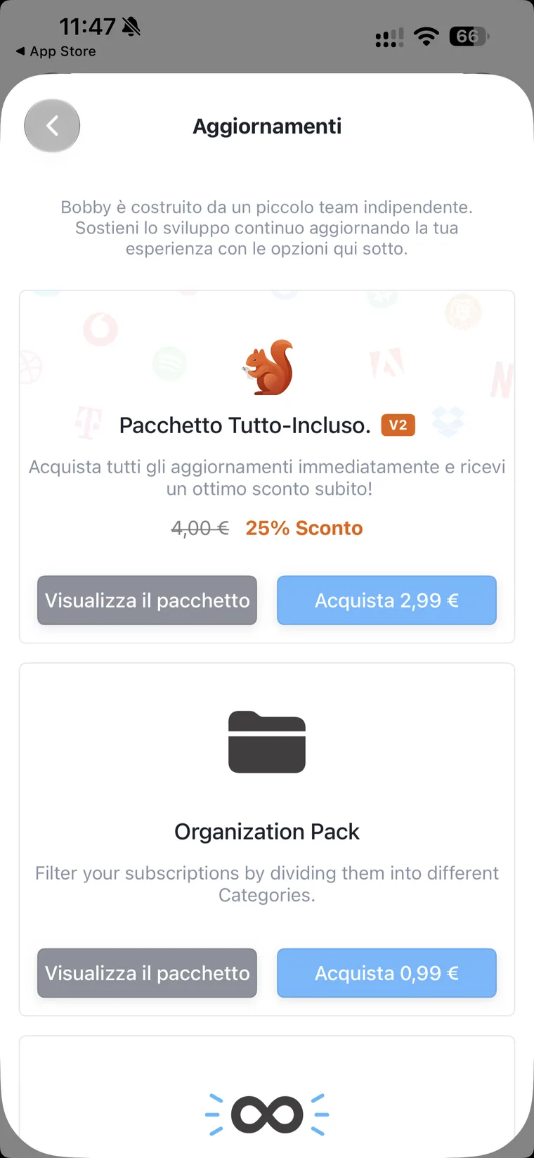 Schermata Aggiornamenti di Bobby con il Pacchetto Tutto-Incluso V2 a 2,99 euro, prezzo pieno 4 euro barrato e sconto del 25 per cento, e l'Organization Pack a 0,99 euro