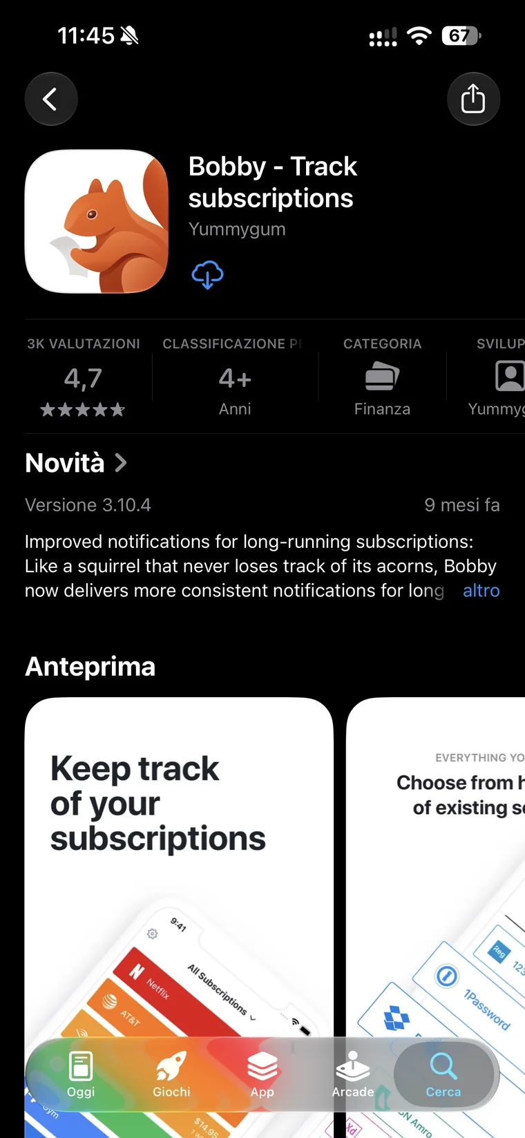 Scheda App Store di Bobby Track subscriptions di Yummygum con circa 3000 valutazioni, media 4,7 e versione 3.10.4 pubblicata 9 mesi prima