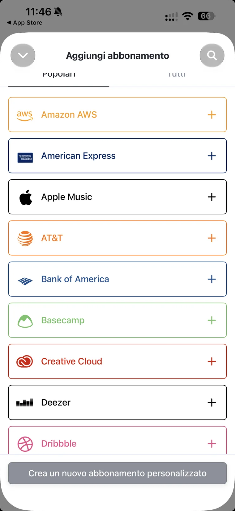 Catalogo di Bobby con le schede Popolari e Tutti, le voci Amazon AWS, American Express, Apple Music, AT&T, Bank of America, Basecamp, Creative Cloud, Deezer e Dribbble con logo e bordo colorato, la ricerca e il pulsante per creare un abbonamento personalizzato