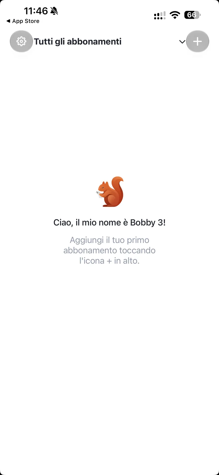 Schermata principale di Bobby, Tutti gli abbonamenti, vuota, con lo scoiattolo e l'invito ad aggiungere il primo abbonamento toccando l'icona più in alto