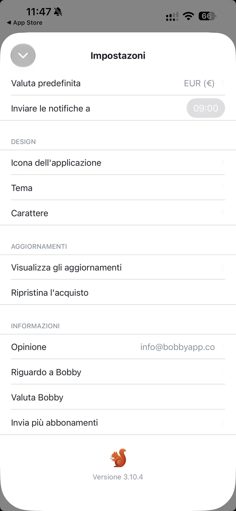 Impostazioni di Bobby con le sezioni Design, Aggiornamenti e Informazioni, e in fondo la versione 3.10.4