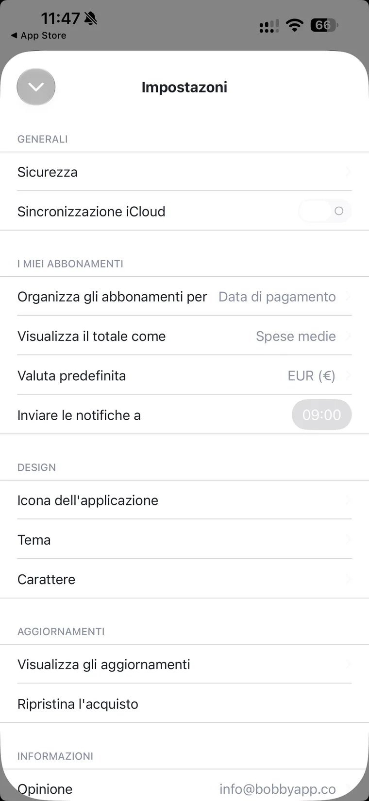 Impostazioni di Bobby con le sezioni Generali con Sicurezza e Sincronizzazione iCloud disattivata, I miei abbonamenti con organizza per data di pagamento, visualizza il totale come spese medie, valuta predefinita EUR e notifiche alle 9, e Design con icona dell'applicazione, tema e carattere