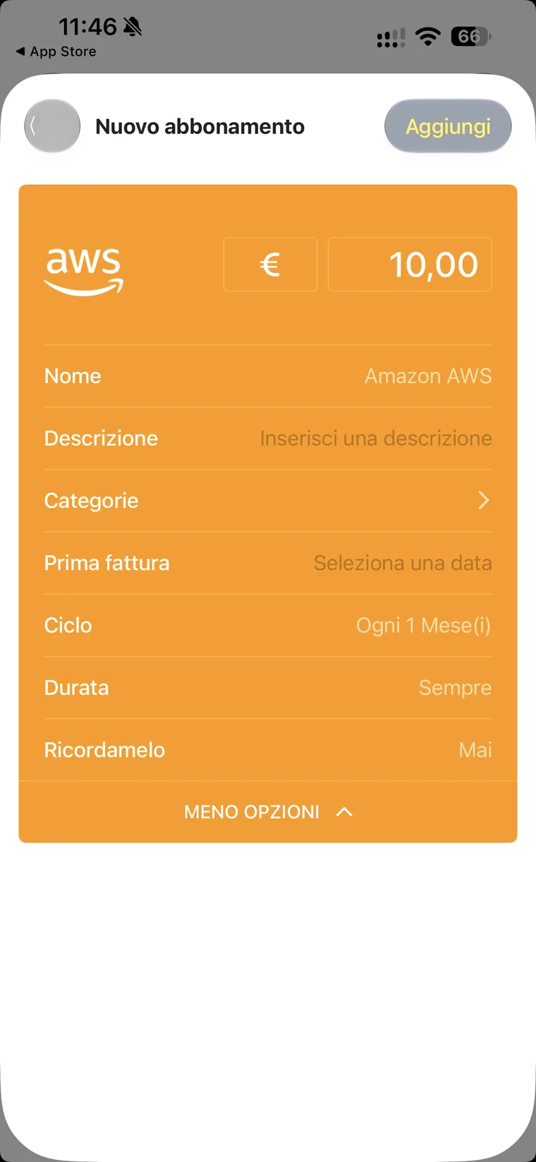 Scheda di un nuovo abbonamento Amazon AWS in Bobby, arancione, con valuta, importo 10 euro, nome, descrizione, categorie, prima fattura, ciclo ogni 1 mese, durata sempre e promemoria mai