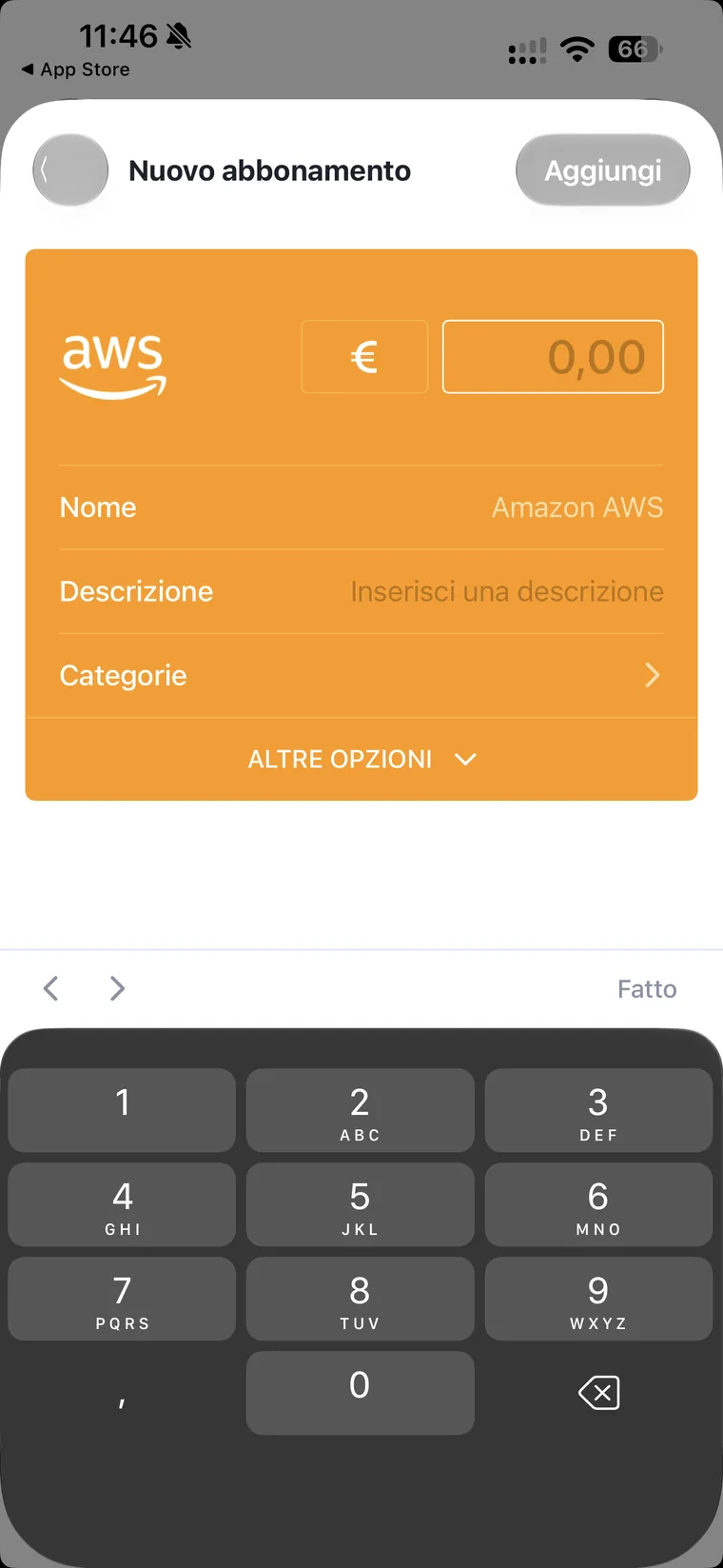 Scheda di un nuovo abbonamento Amazon AWS in Bobby, arancione, con valuta, importo, nome, descrizione, categorie e il pulsante Altre opzioni