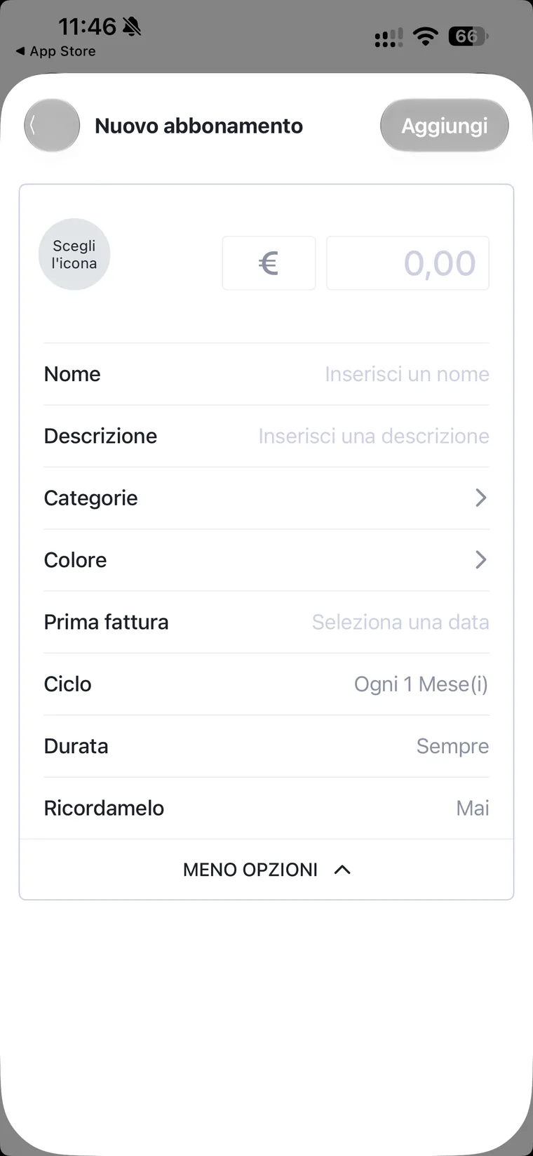 Scheda di un nuovo abbonamento personalizzato in Bobby con il pulsante Scegli l'icona, valuta, importo, nome, descrizione, categorie, colore, prima fattura, ciclo, durata e promemoria