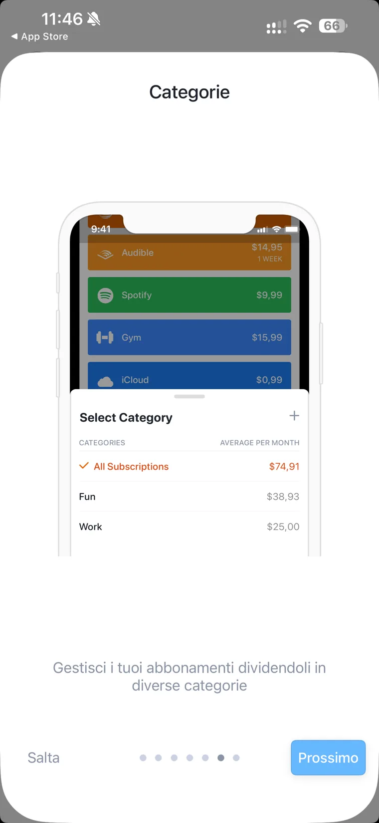 Schermata di onboarding di Bobby, Categorie, con un esempio del selettore Select Category che mostra All Subscriptions, Fun e Work con la media mensile di ciascuna