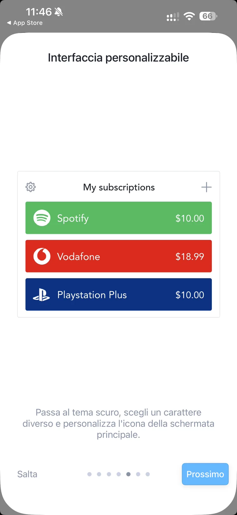 Schermata di onboarding di Bobby, Interfaccia personalizzabile, con un mockup della lista My subscriptions e il testo passa al tema scuro, scegli un carattere diverso e personalizza l'icona della schermata principale