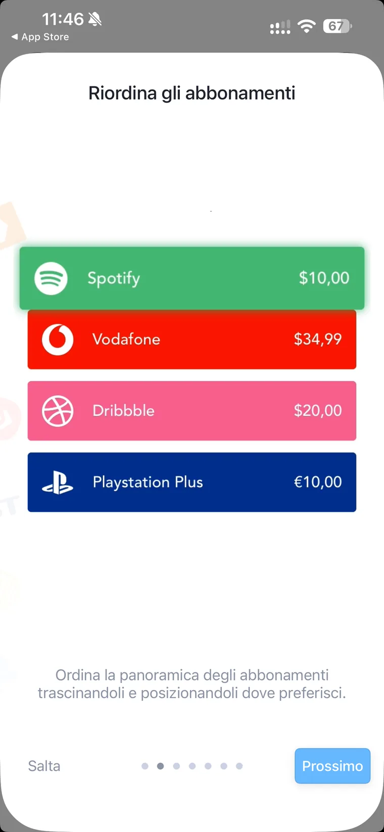 Schermata di onboarding di Bobby, Riordina gli abbonamenti, con le schede colorate di Spotify, Vodafone, Dribbble e Playstation Plus da trascinare