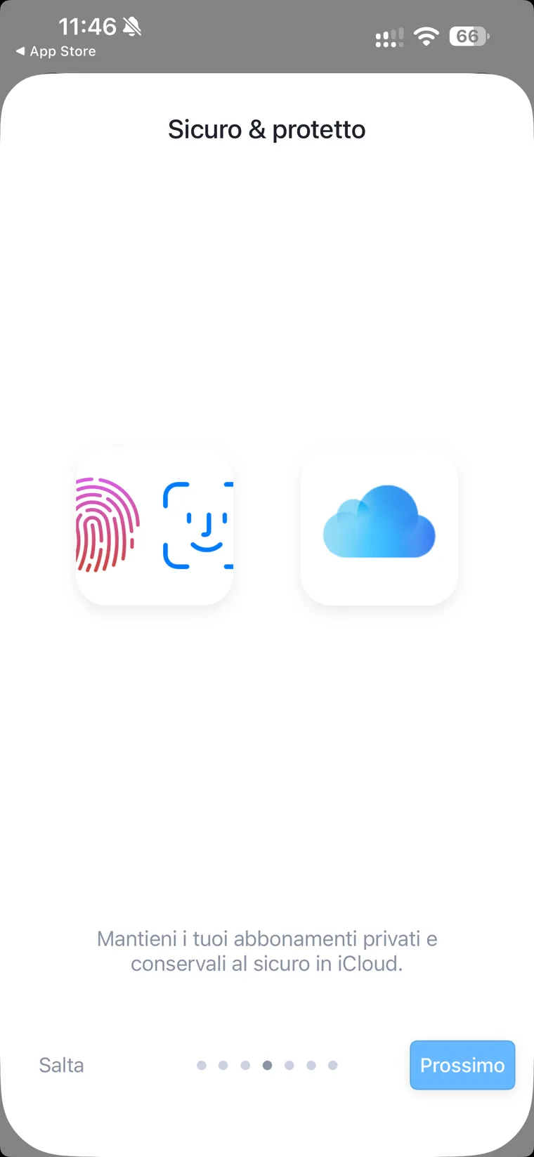 Schermata di onboarding di Bobby, Sicuro e protetto, con le icone di Touch ID, Face ID e iCloud e il testo mantieni i tuoi abbonamenti privati e conservali al sicuro in iCloud