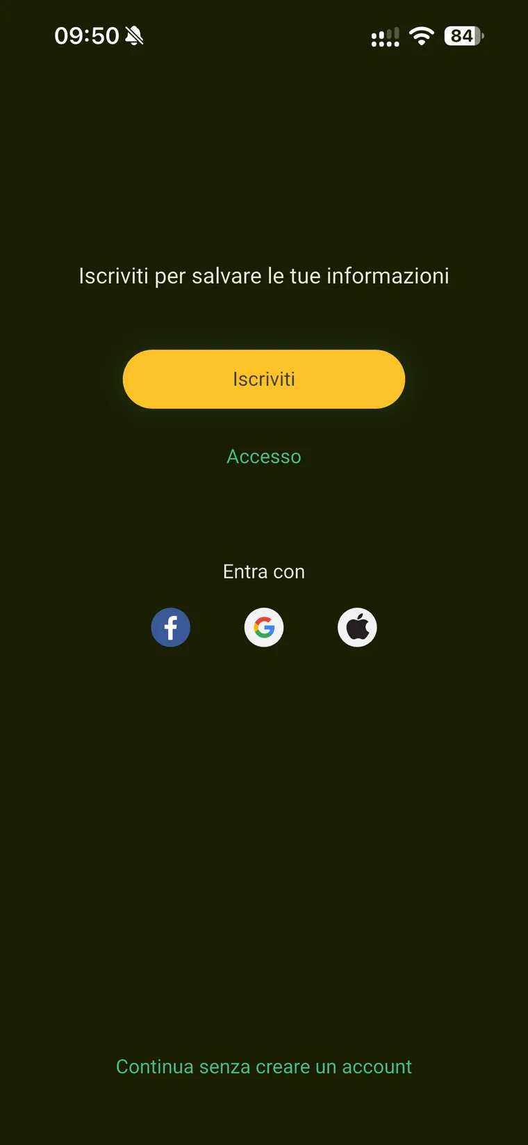 Schermata di accesso di Budget e finanze con il pulsante Iscriviti, il link Accesso, le opzioni Facebook Google e Apple e in fondo Continua senza creare un account