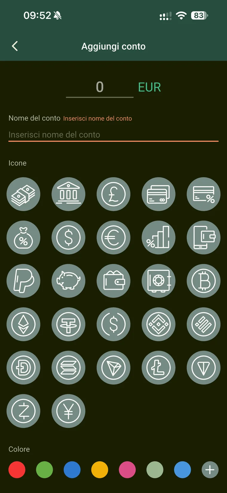 Schermata Aggiungi conto di Budget e finanze con il saldo iniziale, il nome e il catalogo delle icone tra cui valute e criptovalute