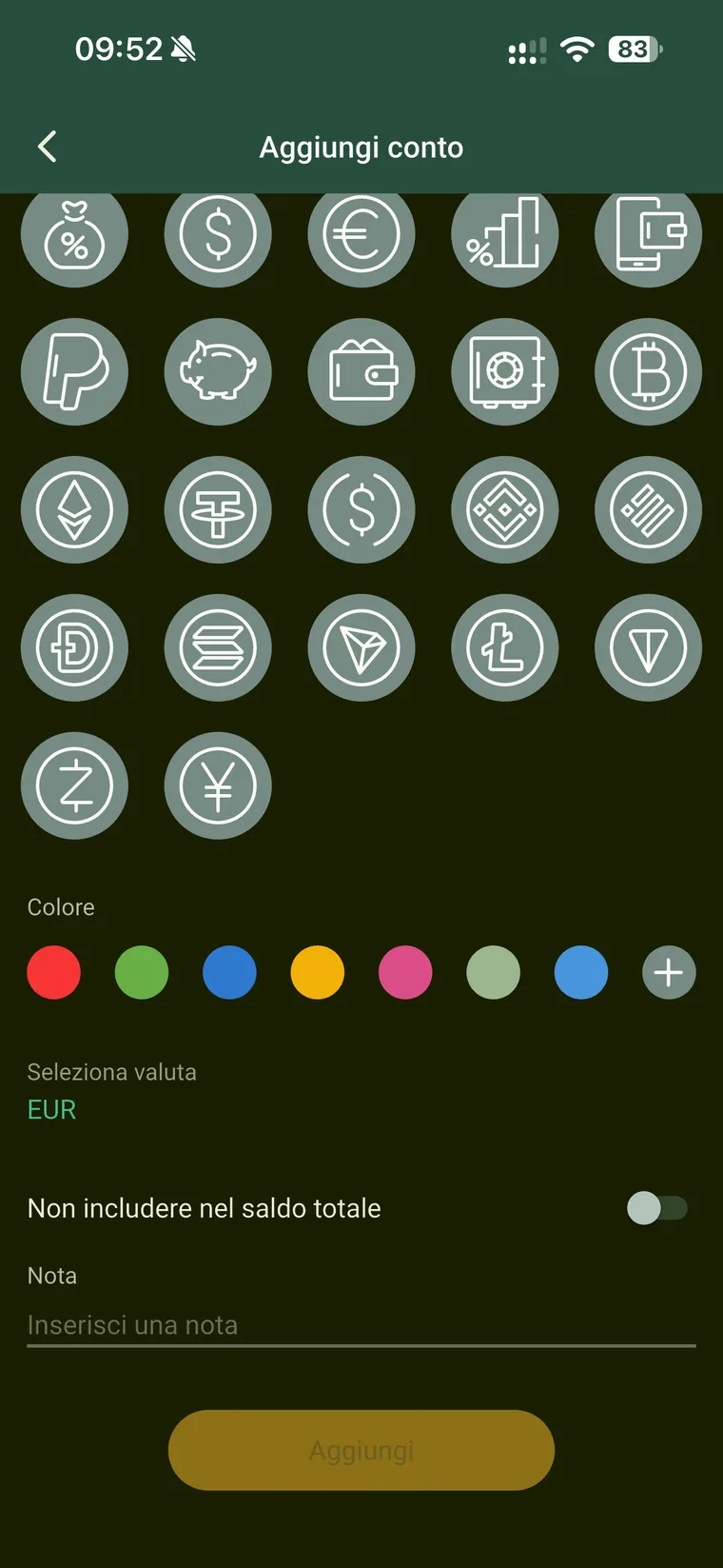 Schermata Aggiungi conto di Budget e finanze con la scelta del colore, Seleziona valuta EUR, l'interruttore Non includere nel saldo totale e il campo Nota