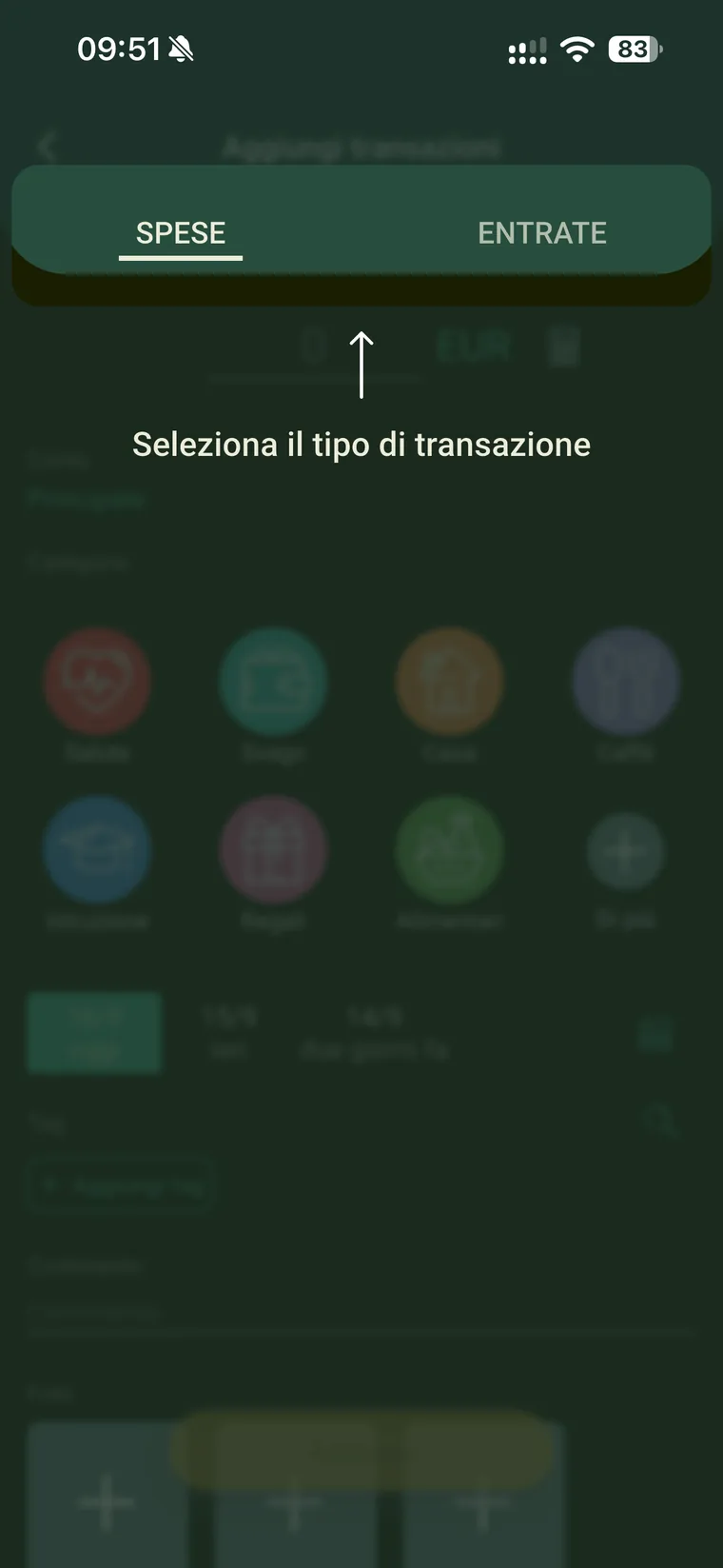 Suggerimento iniziale di Budget e finanze che invita a selezionare il tipo di transazione tra spese ed entrate
