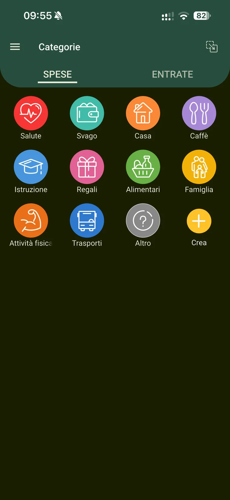 Schermata Categorie di Budget e finanze sulla scheda Spese con Salute, Svago, Casa, Caffè, Istruzione, Regali, Alimentari, Famiglia, Attività fisica, Trasporti, Altro e il pulsante Crea