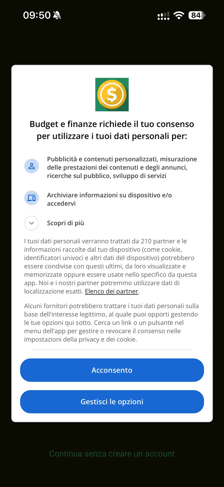 Schermata di consenso di Budget e finanze che chiede l'autorizzazione al trattamento dei dati per pubblicità e contenuti personalizzati citando 210 partner, con i pulsanti Acconsento e Gestisci le opzioni
