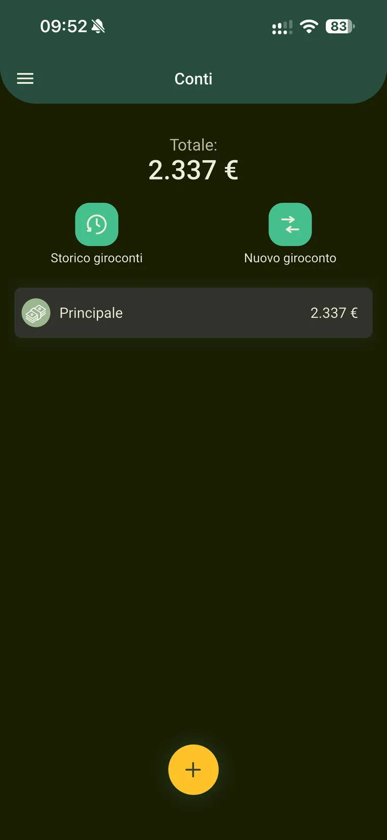 Schermata Conti di Budget e finanze con il totale di 2.337 euro, i pulsanti Storico giroconti e Nuovo giroconto e il conto Principale