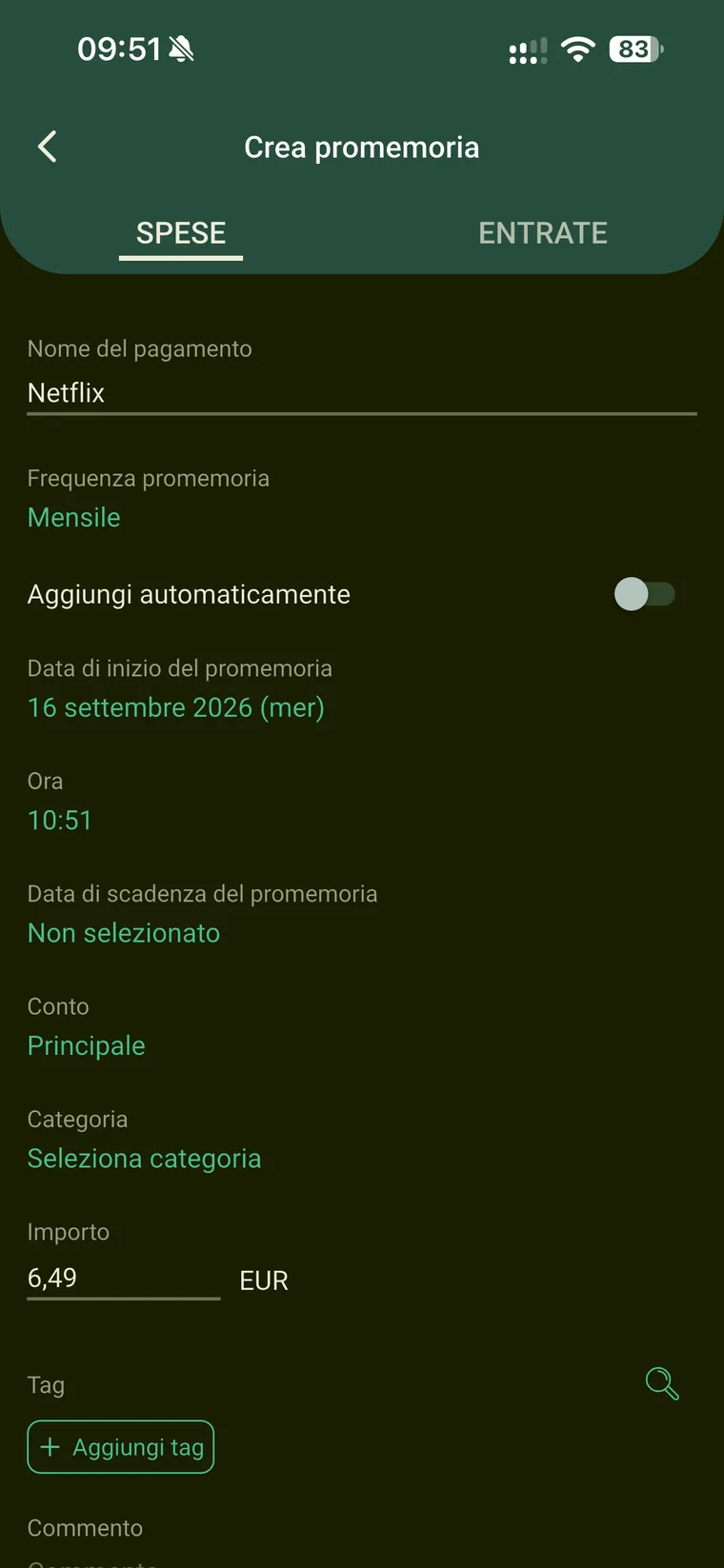 Schermata Crea promemoria di Budget e finanze con nome del pagamento Netflix, frequenza mensile, interruttore Aggiungi automaticamente, data di inizio, ora, data di scadenza, conto, categoria, importo, tag e commento