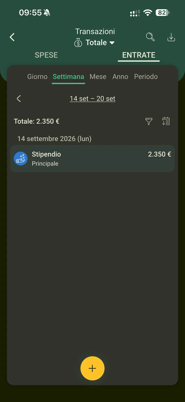 Elenco transazioni di Budget e finanze con il totale del periodo, la ricerca, l'icona di esportazione e la riga Stipendio da 2.350 euro sul conto Principale