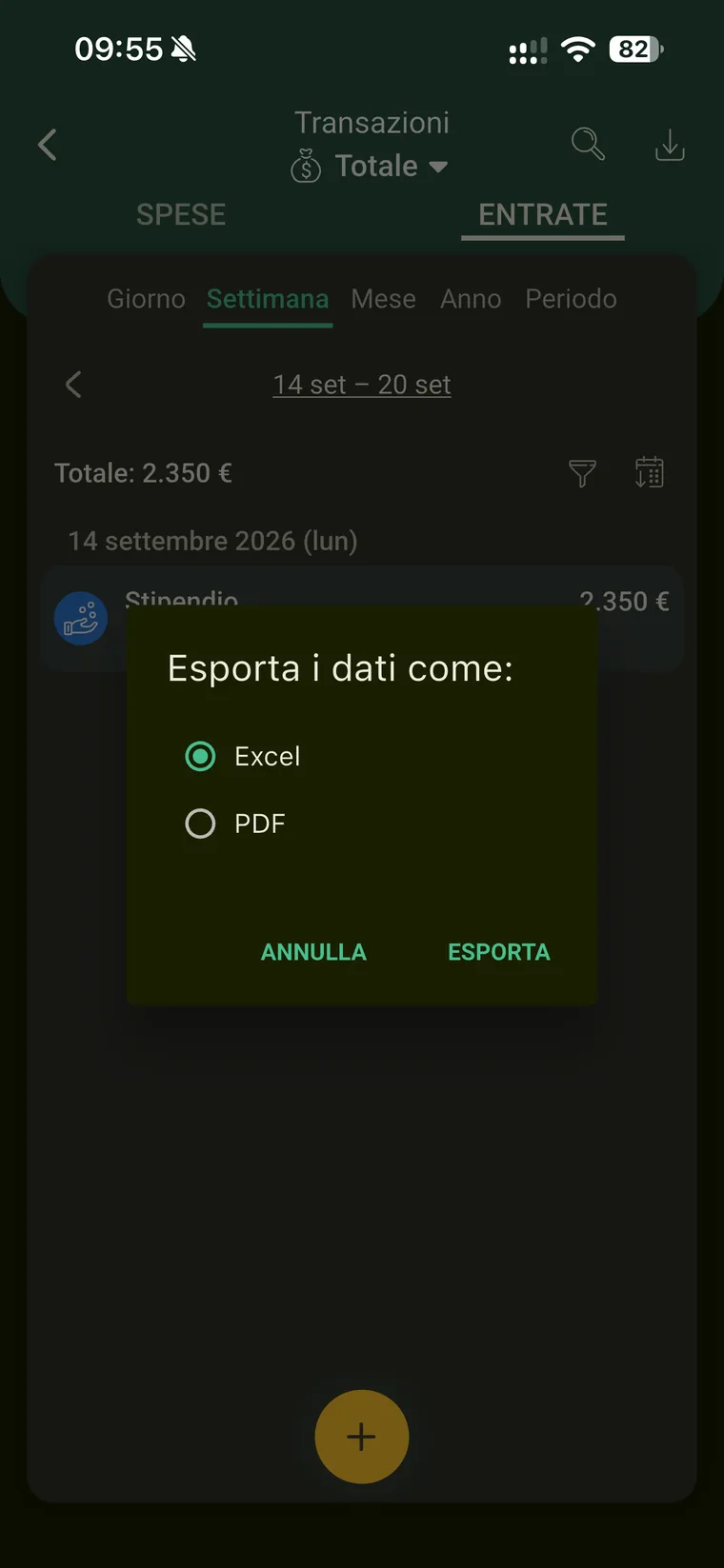 Finestra di dialogo Esporta i dati come di Budget e finanze con le opzioni Excel e PDF e i pulsanti Annulla ed Esporta