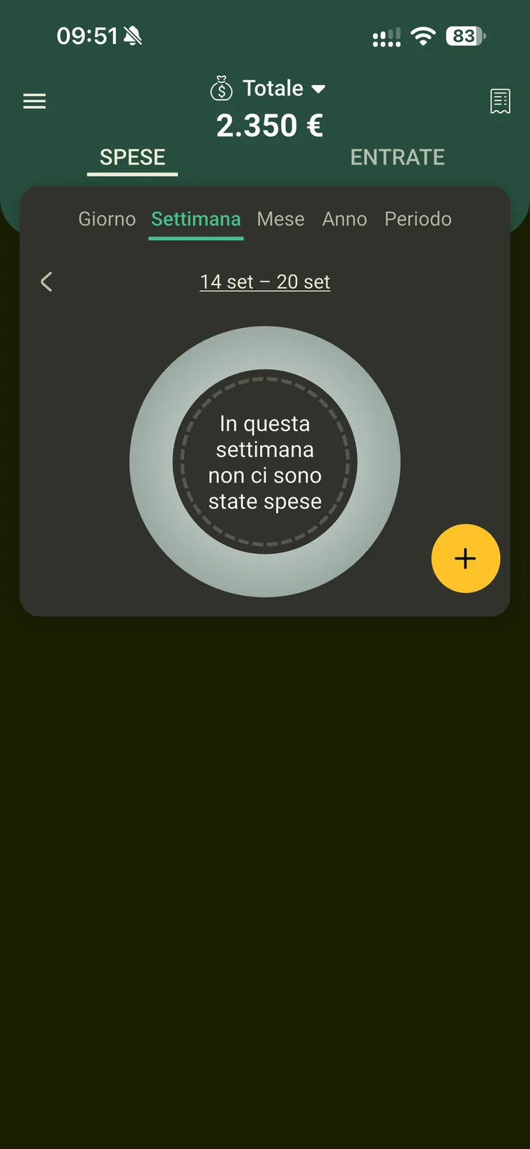 Home di Budget e finanze con il totale in alto, le schede Spese ed Entrate, i filtri giorno settimana mese anno periodo e il messaggio che in questa settimana non ci sono state spese