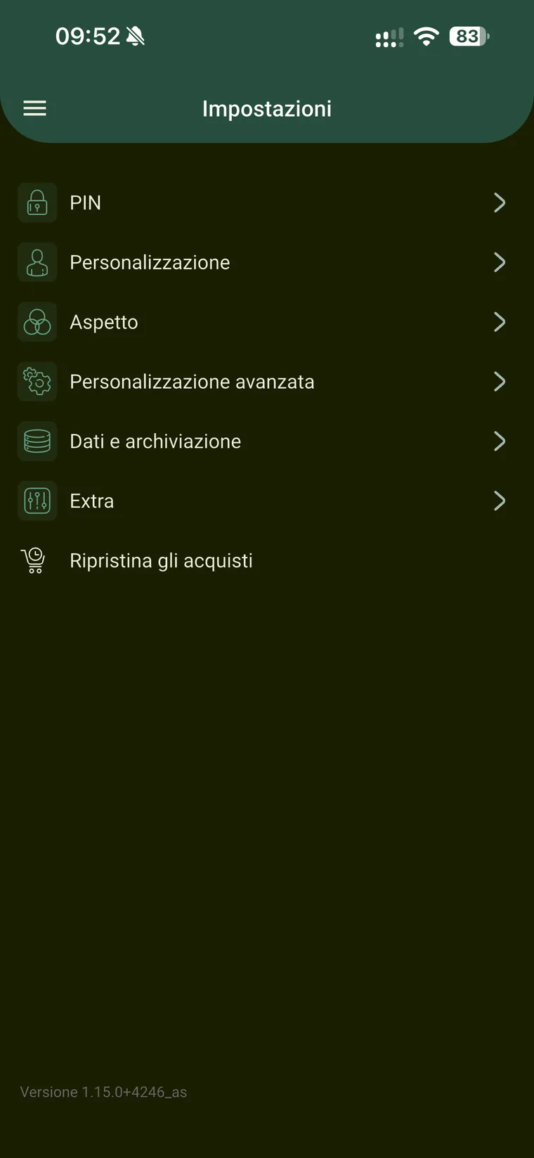 Impostazioni di Budget e finanze con PIN, Personalizzazione, Aspetto, Personalizzazione avanzata, Dati e archiviazione, Extra e Ripristina gli acquisti, con la versione 1.15.0
