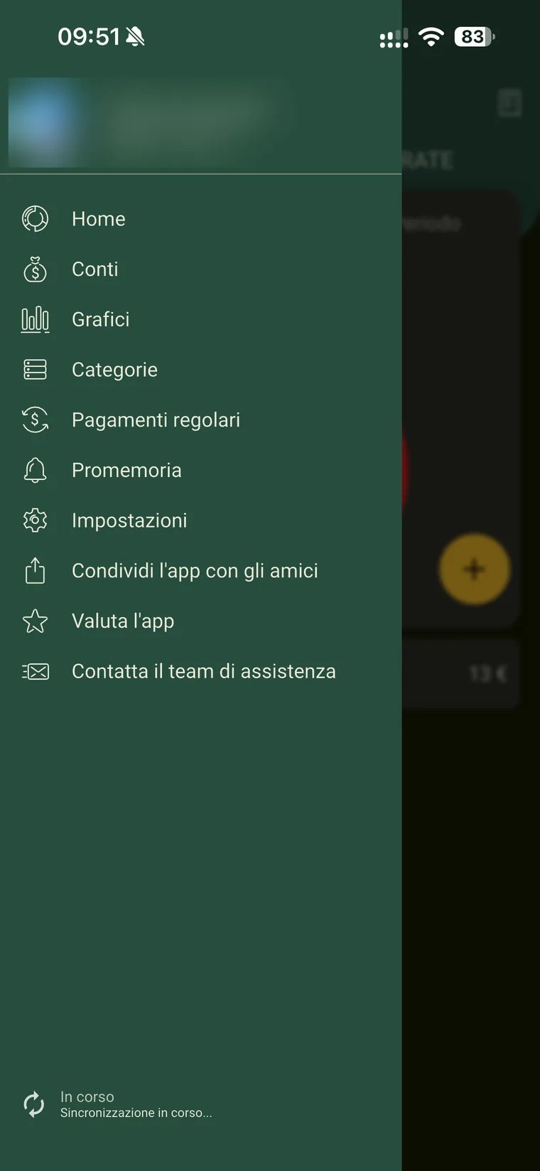 Menu laterale di Budget e finanze con le voci Home, Conti, Grafici, Categorie, Pagamenti regolari, Promemoria, Impostazioni, Condividi l'app, Valuta l'app e Contatta il team di assistenza