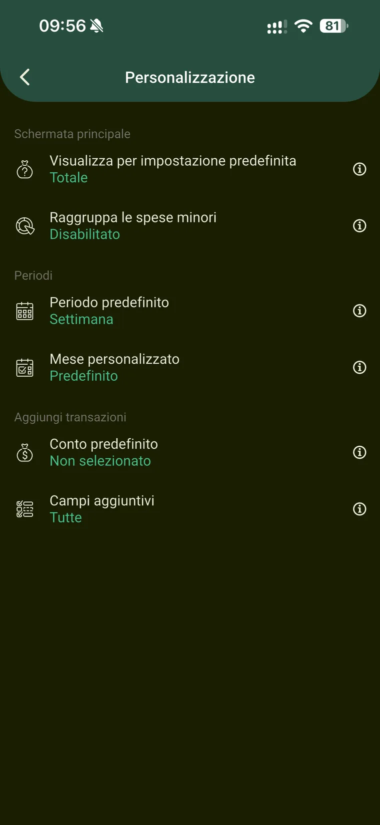 Schermata Personalizzazione di Budget e finanze con vista predefinita, raggruppa le spese minori, periodo predefinito, mese personalizzato, conto predefinito e campi aggiuntivi