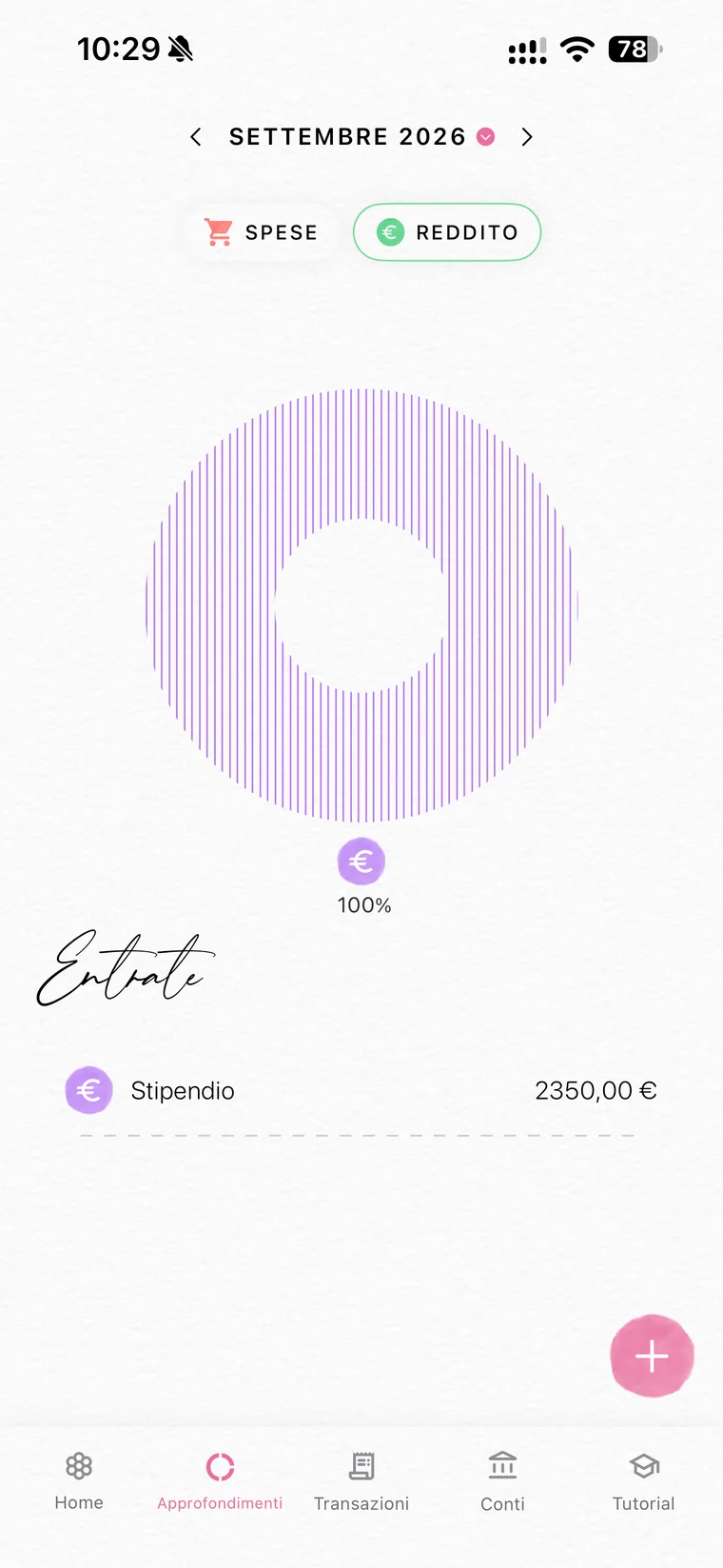 Sezione Approfondimenti di Fleur sulla scheda Reddito con il grafico ad anello e la voce Stipendio