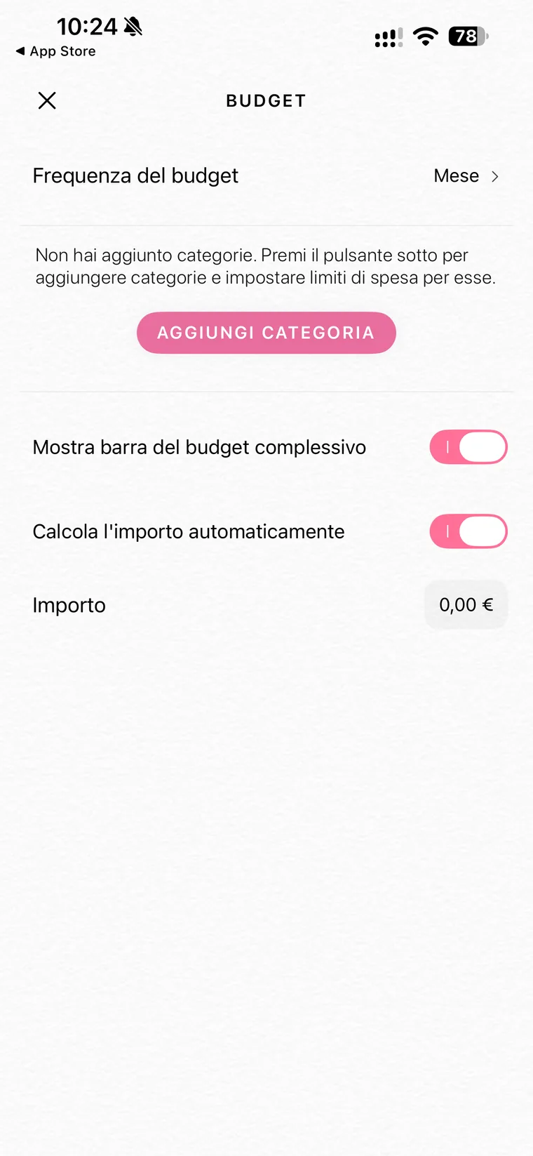 Schermata Budget di Fleur con la frequenza del budget impostata su Mese, il pulsante Aggiungi categoria, l'interruttore Mostra barra del budget complessivo, Calcola l'importo automaticamente e il campo Importo