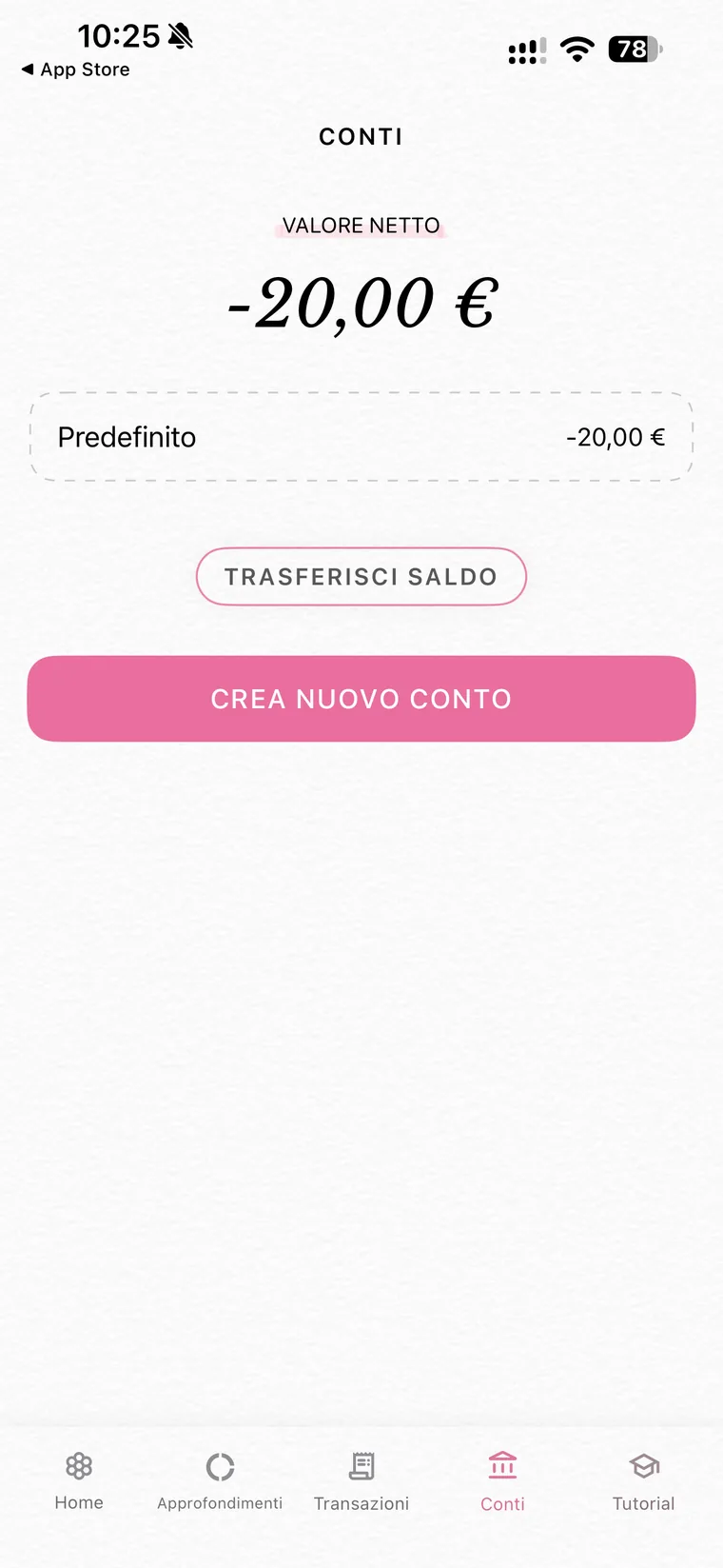Sezione Conti di Fleur con il valore netto di meno 20 euro, il conto Predefinito e i pulsanti Trasferisci saldo e Crea nuovo conto