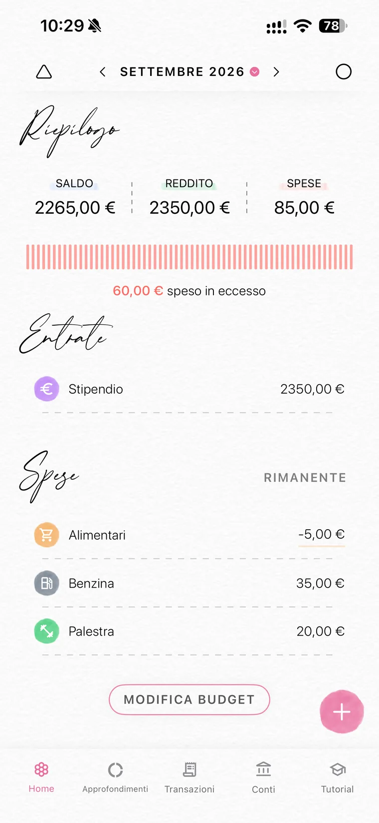 Home di Fleur con il riepilogo di settembre 2026, saldo 2265 euro, reddito 2350 euro, spese 85 euro, la barra rossa con 60 euro spesi in eccesso e l'elenco delle spese per categoria con la colonna rimanente