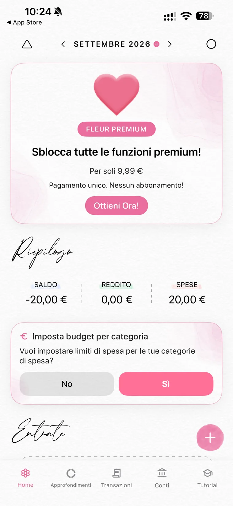 Home di Fleur di settembre 2026 con la card premium, il riepilogo con saldo, reddito e spese e la proposta di impostare un budget per categoria