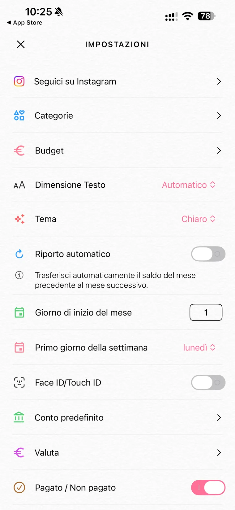 Impostazioni di Fleur con categorie, budget, dimensione testo, tema, riporto automatico, giorno di inizio del mese, primo giorno della settimana, Face ID Touch ID, conto predefinito, valuta e pagato non pagato