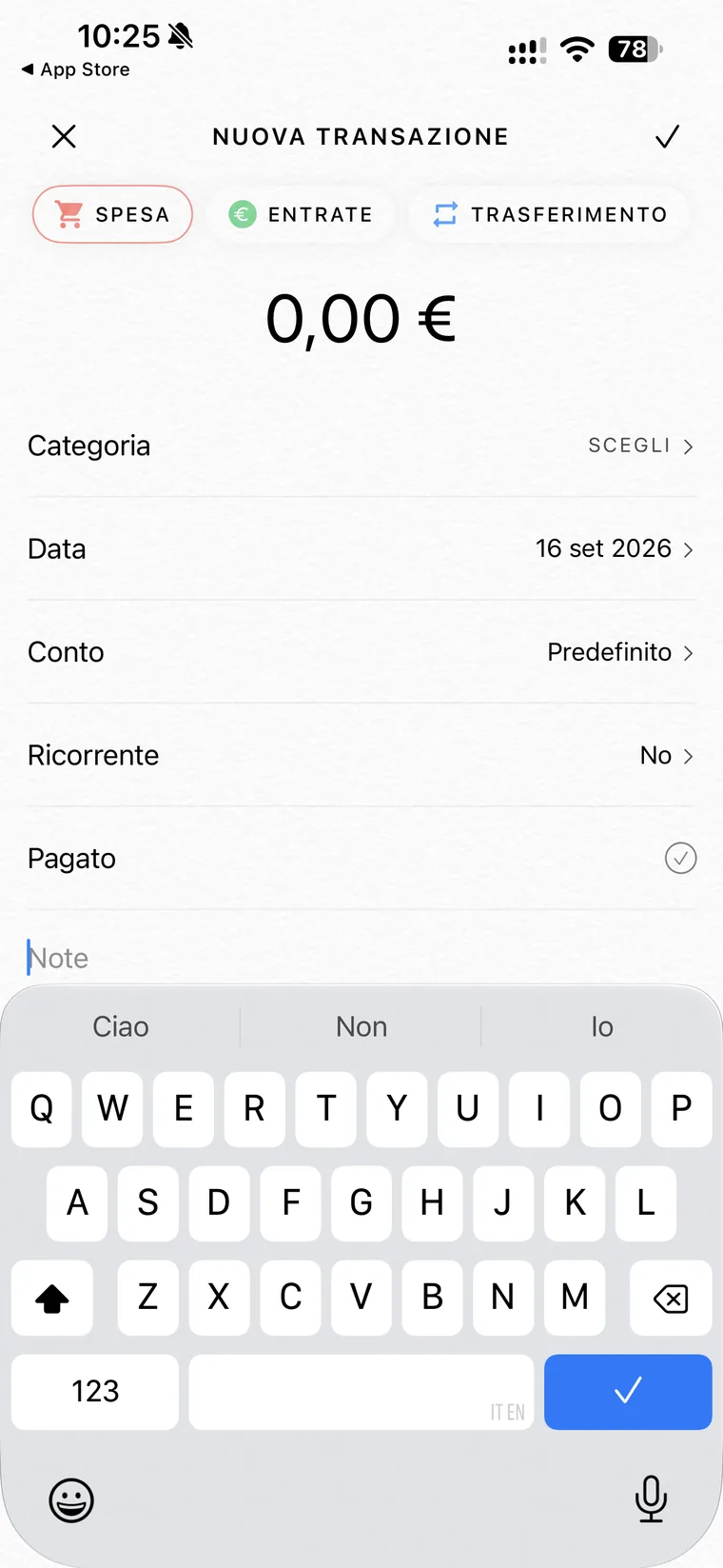 Schermata Nuova transazione di Fleur con i tipi Spesa, Entrate e Trasferimento, l'importo e le righe Categoria, Data, Conto, Ricorrente, Pagato e Note
