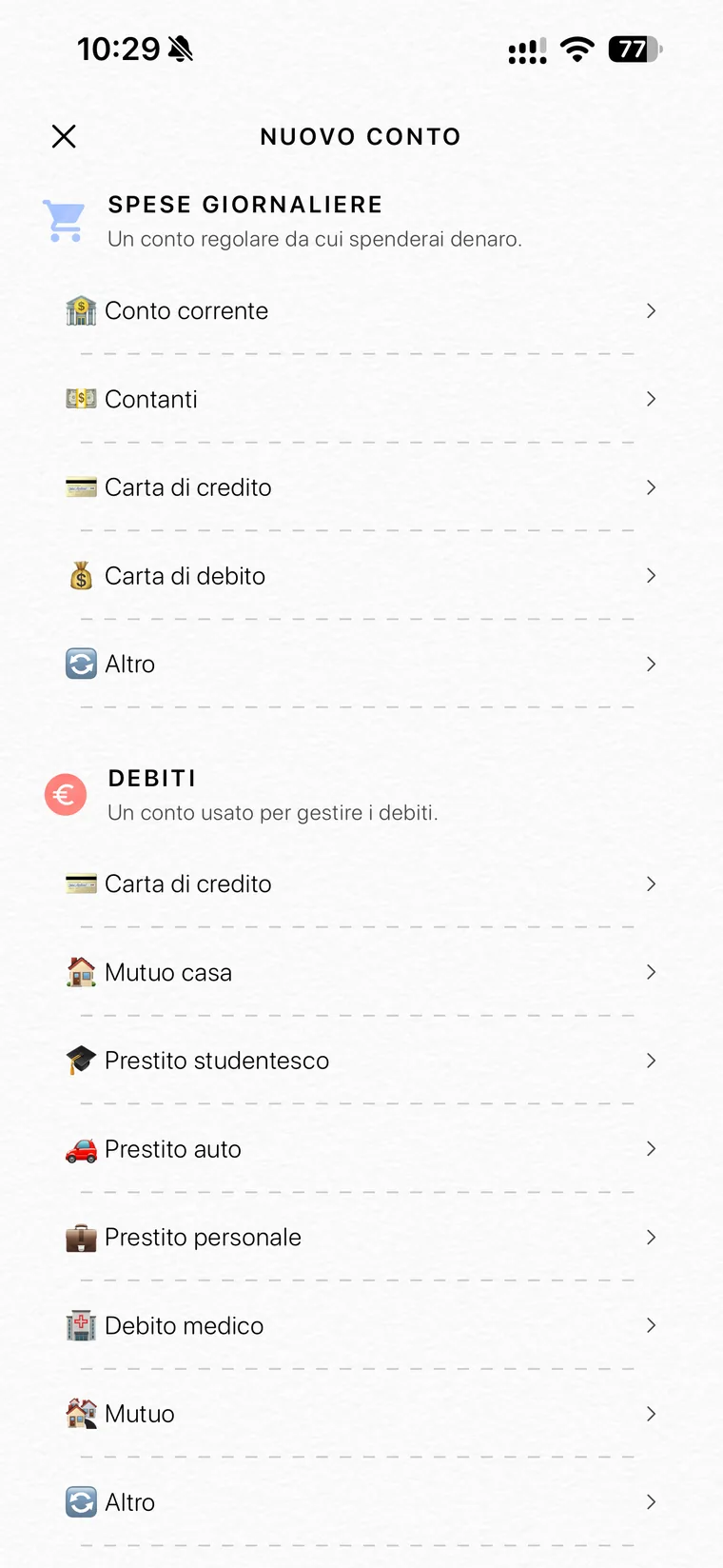 Schermata Nuovo conto di Fleur con il gruppo Spese giornaliere che elenca conto corrente, contanti, carta di credito, carta di debito e altro, e il gruppo Debiti con carta di credito, mutuo casa, prestito studentesco, prestito auto, prestito personale, debito medico e mutuo