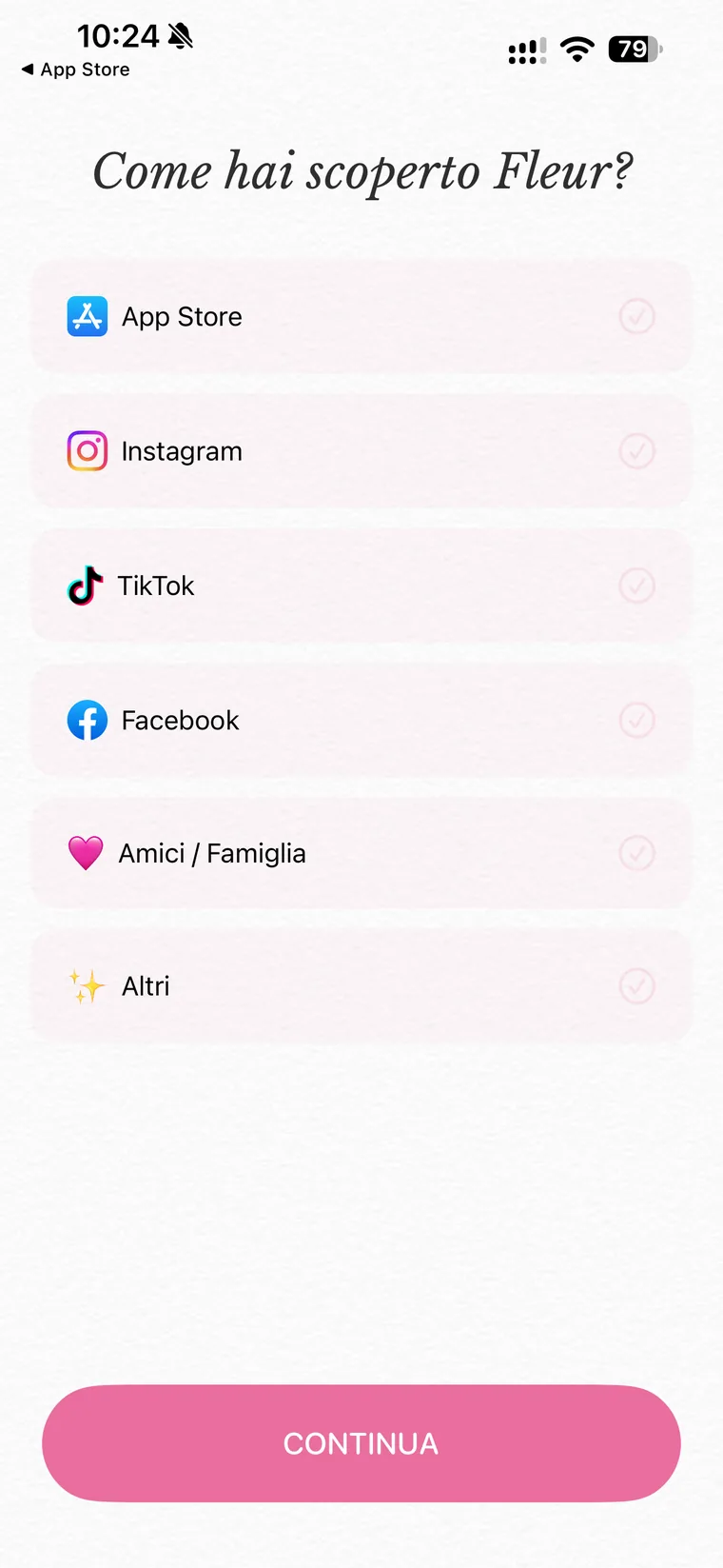 Schermata di onboarding di Fleur con la domanda come hai scoperto Fleur e le opzioni App Store, Instagram, TikTok, Facebook, amici e famiglia e altri