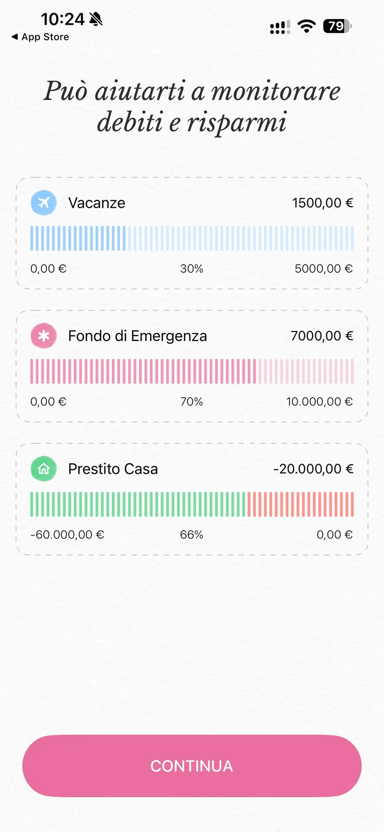 Pannello dell'onboarding di Fleur con il titolo può aiutarti a monitorare debiti e risparmi e tre barre di esempio per vacanze, fondo di emergenza e prestito casa