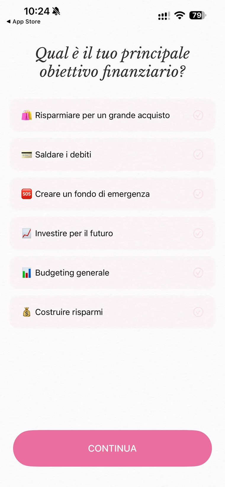 Schermata di onboarding di Fleur con la domanda qual è il tuo principale obiettivo finanziario e le opzioni risparmiare per un grande acquisto, saldare i debiti, creare un fondo di emergenza, investire per il futuro, budgeting generale e costruire risparmi