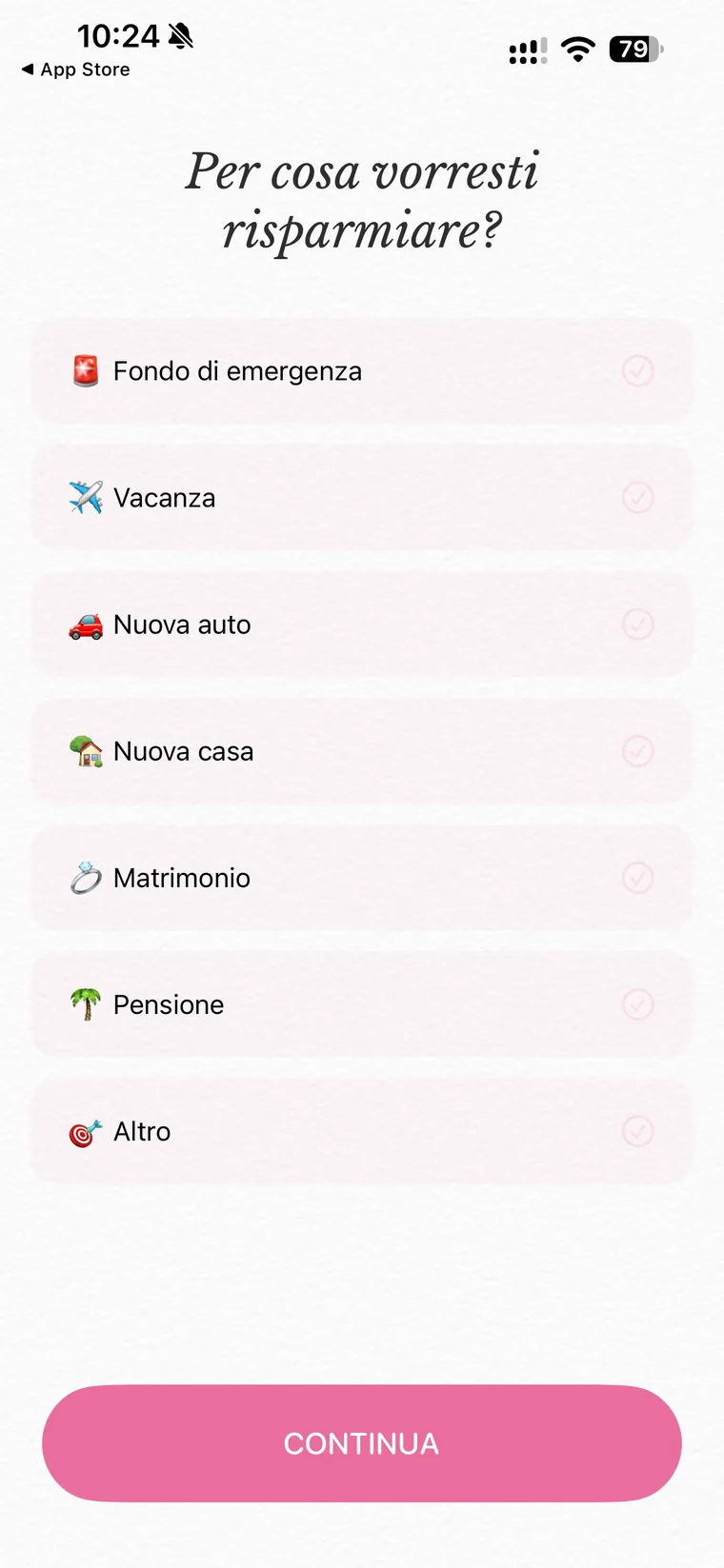 Schermata di onboarding di Fleur con la domanda per cosa vorresti risparmiare e le opzioni fondo di emergenza, vacanza, nuova auto, nuova casa, matrimonio, pensione e altro