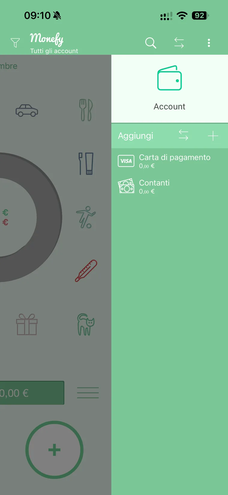 Pannello Account di Monefy con gli account Carta di pagamento e Contanti a saldo zero, il pulsante Aggiungi e l'icona dei trasferimenti