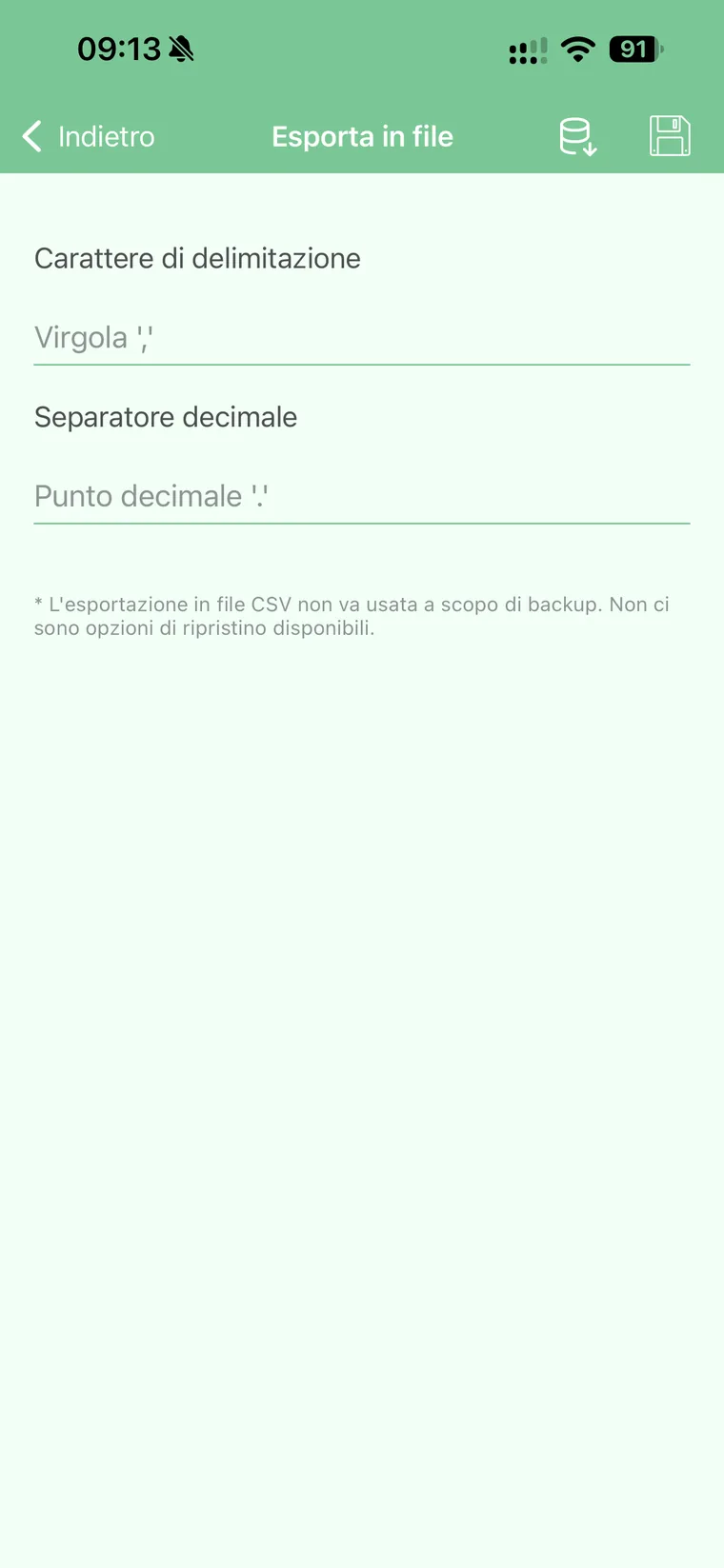 Schermata Esporta in file di Monefy con i campi Carattere di delimitazione virgola e Separatore decimale punto e la nota che l'esportazione CSV non va usata a scopo di backup