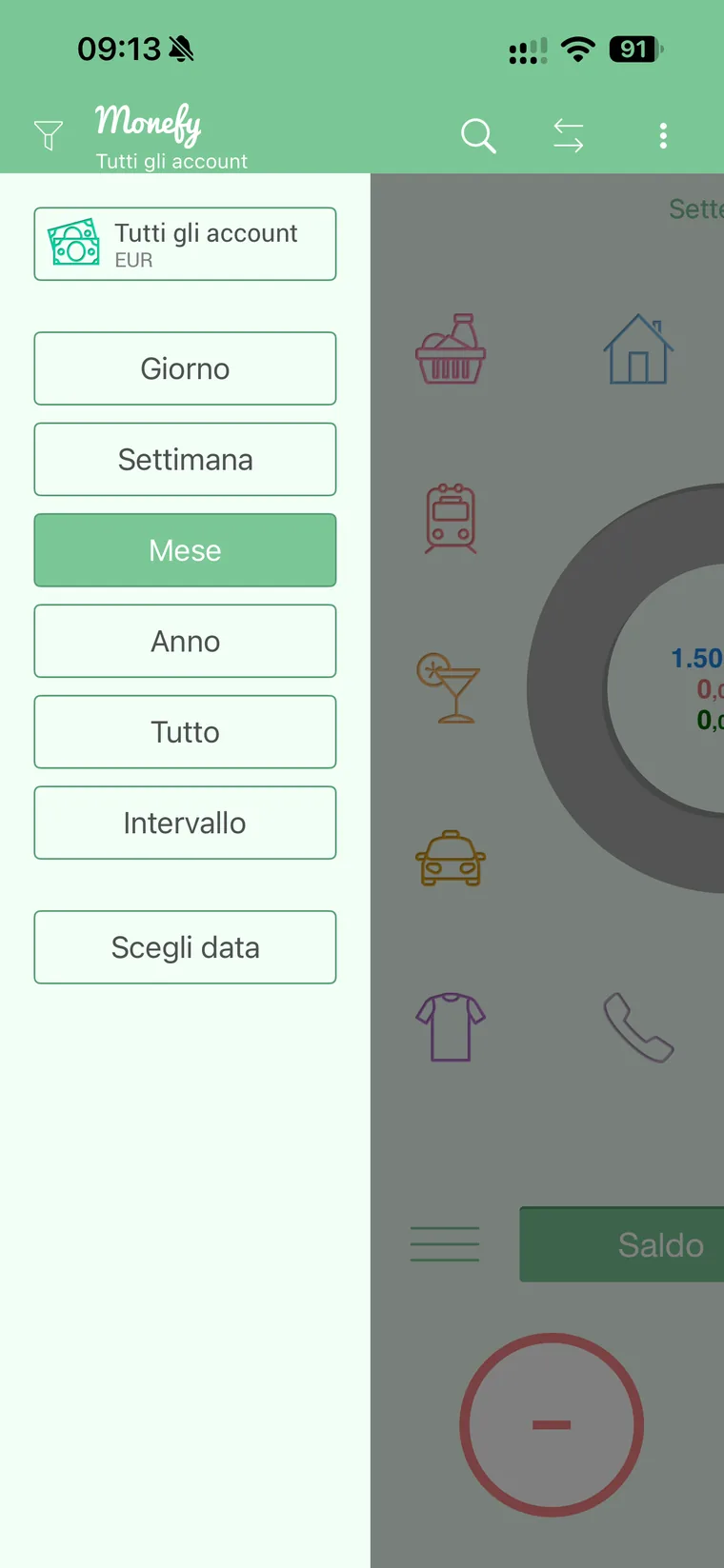 Pannello dei filtri di Monefy con la selezione Tutti gli account e i periodi Giorno, Settimana, Mese, Anno, Tutto, Intervallo e Scegli data