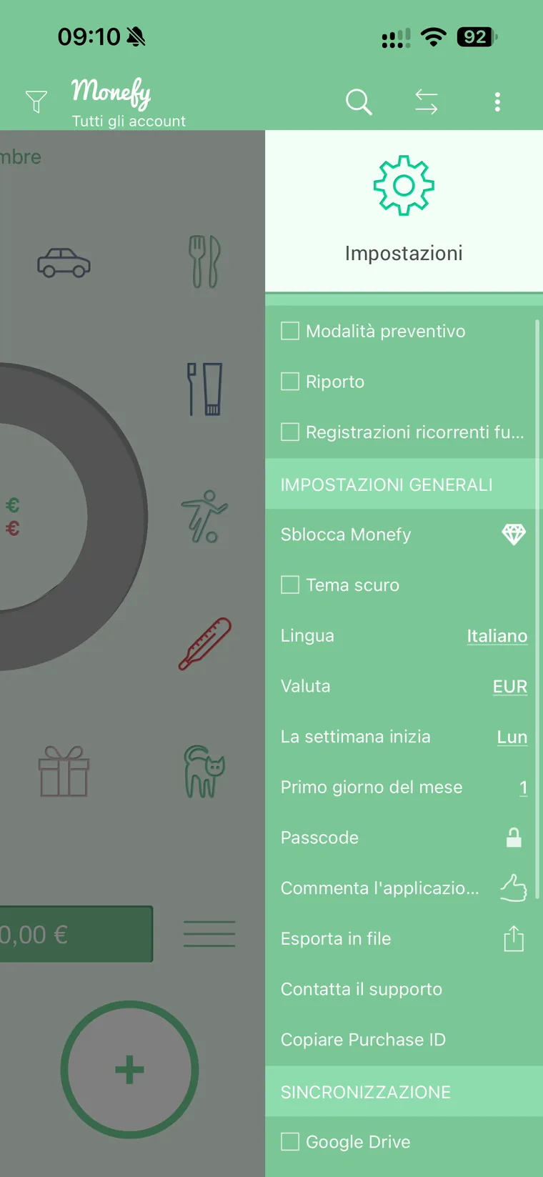 Impostazioni di Monefy con le voci Modalità preventivo, Riporto, Registrazioni ricorrenti future, Sblocca Monefy, Tema scuro, Lingua, Valuta, La settimana inizia, Primo giorno del mese, Passcode, Esporta in file e Google Drive