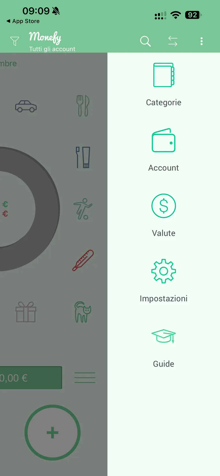Menu laterale di Monefy con le voci Categorie, Account, Valute, Impostazioni e Guide