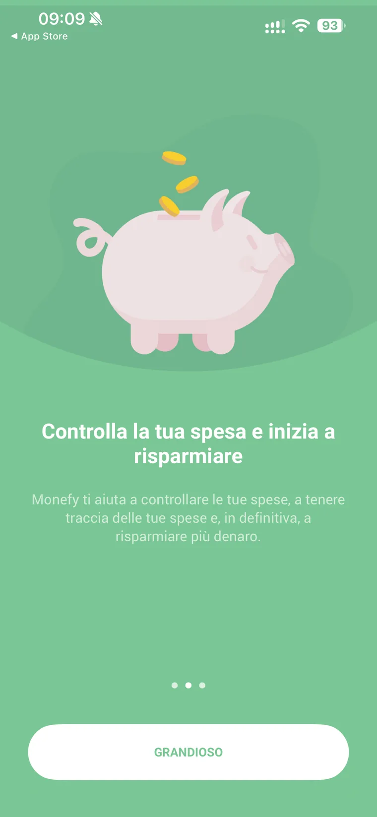 Schermata di onboarding di Monefy con un salvadanaio e il testo Controlla la tua spesa e inizia a risparmiare