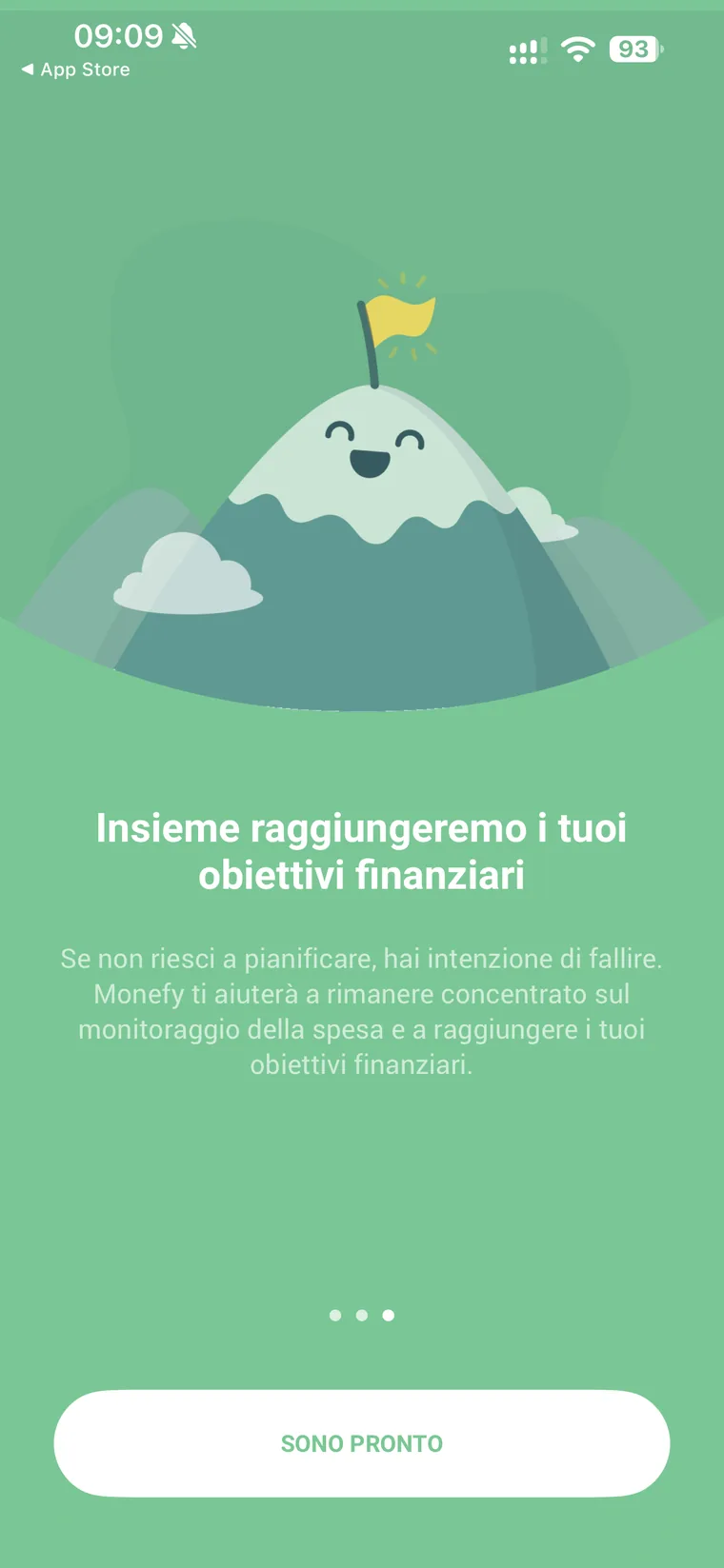 Terza schermata di onboarding di Monefy con il testo Insieme raggiungeremo i tuoi obiettivi finanziari e il pulsante Sono pronto