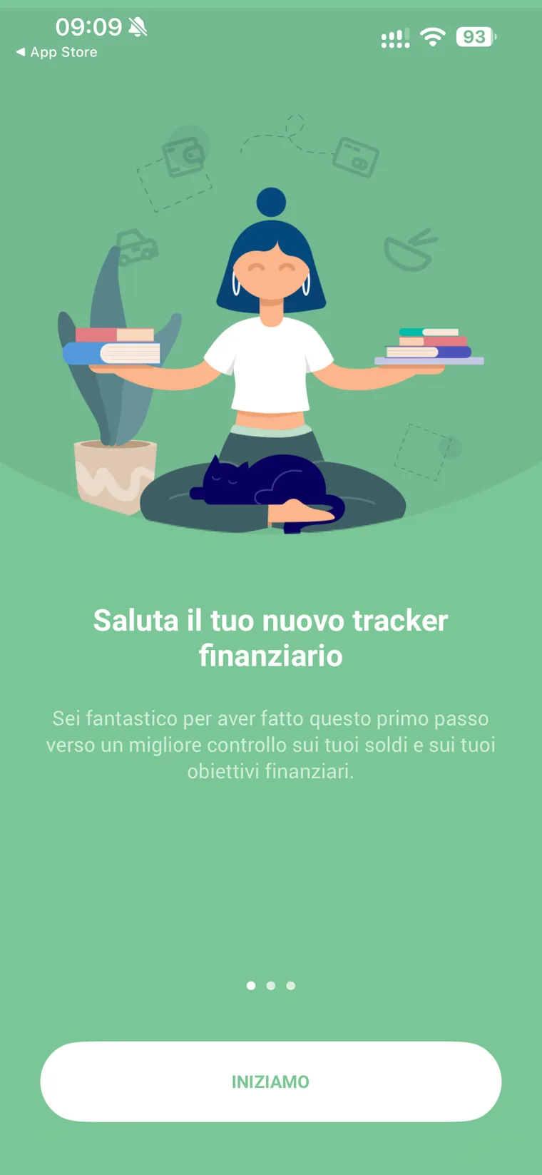 Prima schermata di onboarding di Monefy con il testo Saluta il tuo nuovo tracker finanziario e il pulsante Iniziamo