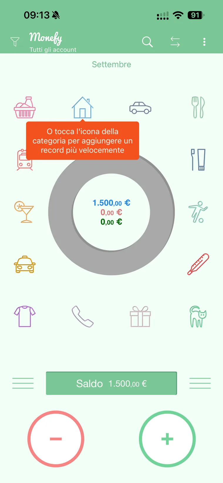 Home di Monefy con il suggerimento O tocca l'icona della categoria per aggiungere un record più velocemente sopra l'icona della casa