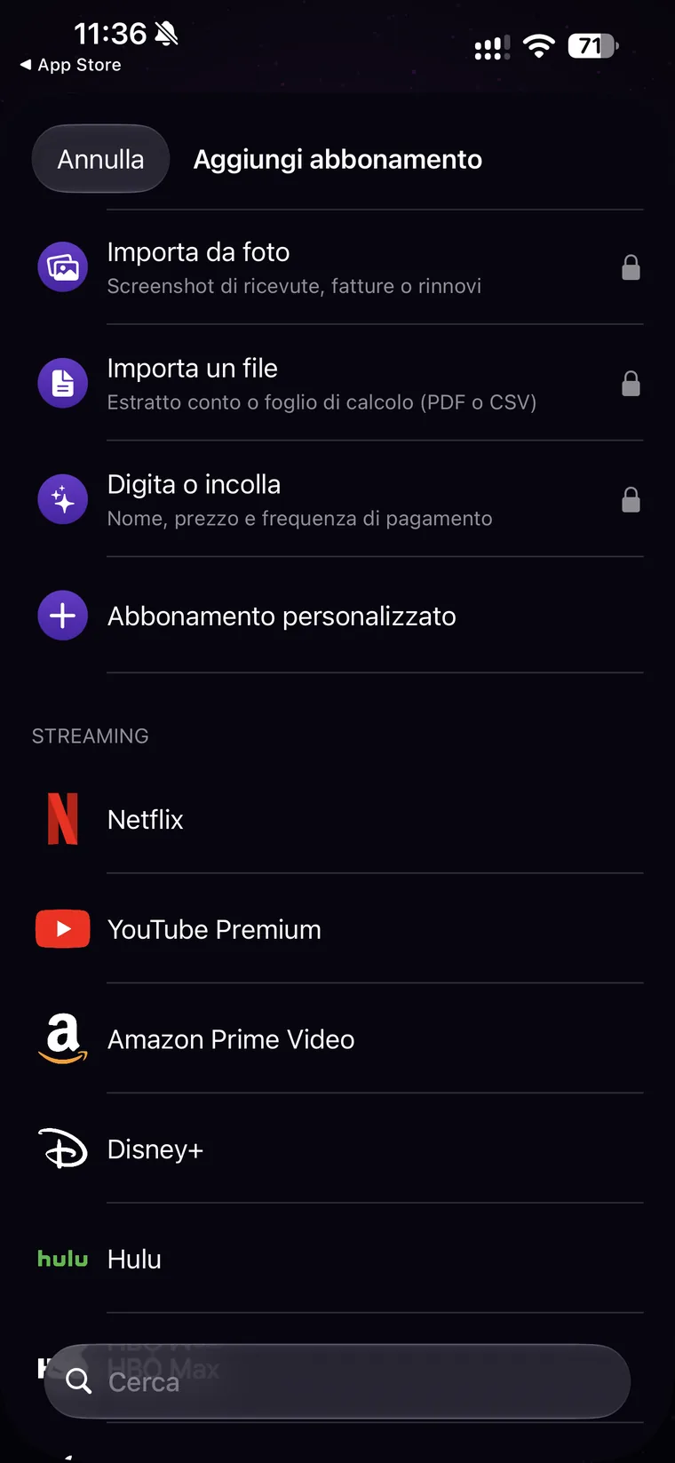 Schermata Aggiungi abbonamento di Orbit con le opzioni Importa da foto, Importa un file e Digita o incolla contrassegnate da un lucchetto, la voce Abbonamento personalizzato e il catalogo Streaming con Netflix, YouTube Premium, Amazon Prime Video, Disney+, Hulu
